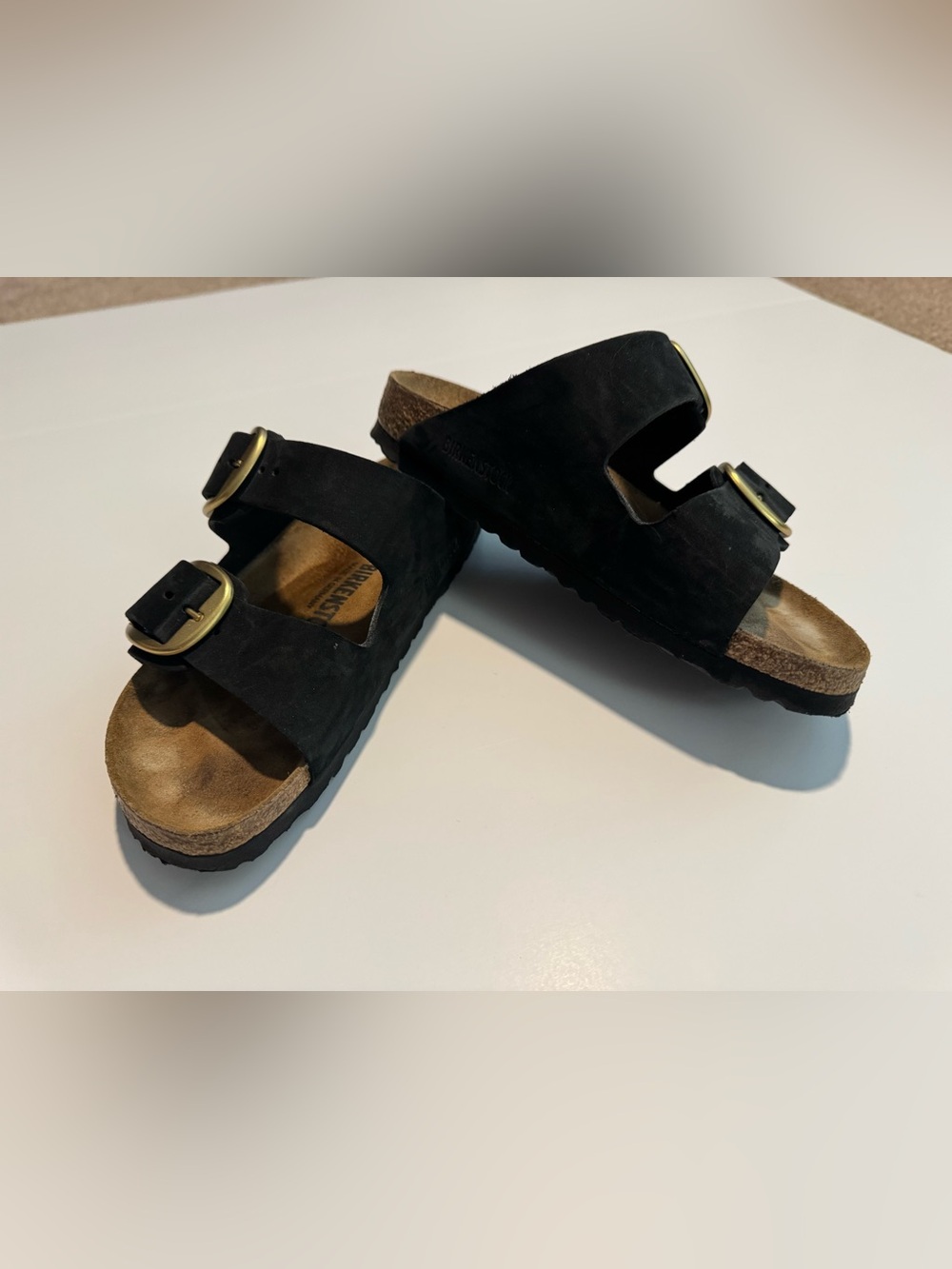 Birkenstock Big Buckle Suede Arizona Two-Strap Sandal - Black with Brass Buckles